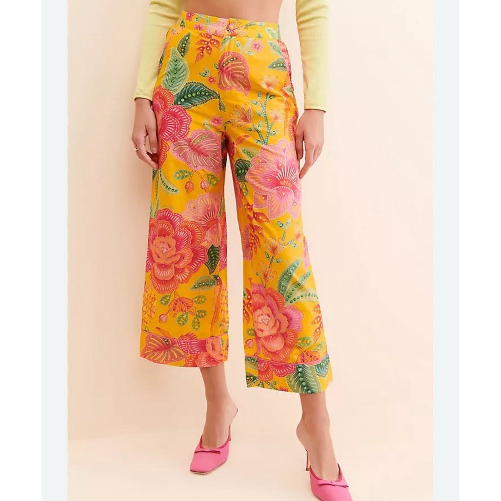 Farm Rio Macaw Bloom Tropical floral wide-leg Cropped pants Size S